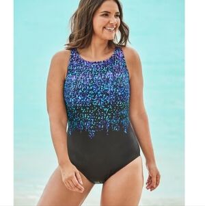New Swimsuits For All High-Neck One Piece Black Blue Size 10